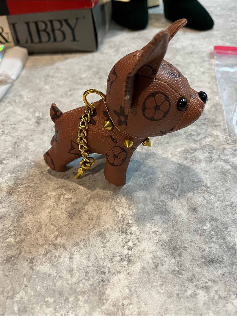 Designer-Style Brown bulldog Keychain with Gold Accents nwot